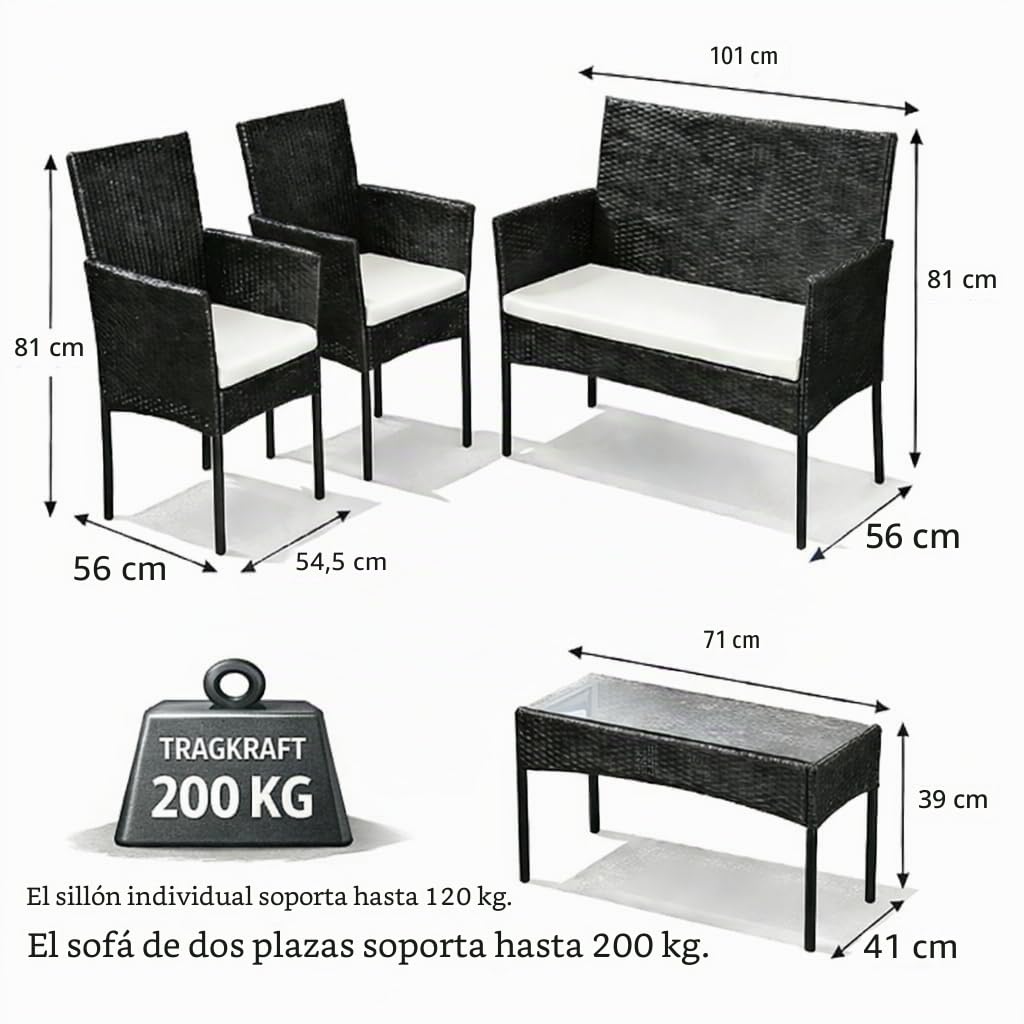 Juego de muebles de jardín de polirratán, muebles de balcón, 7 piezas, incluye sofá, sillas individuales, mesa y cojines de asiento, muebles de terraza para balcón, jardín (negro)