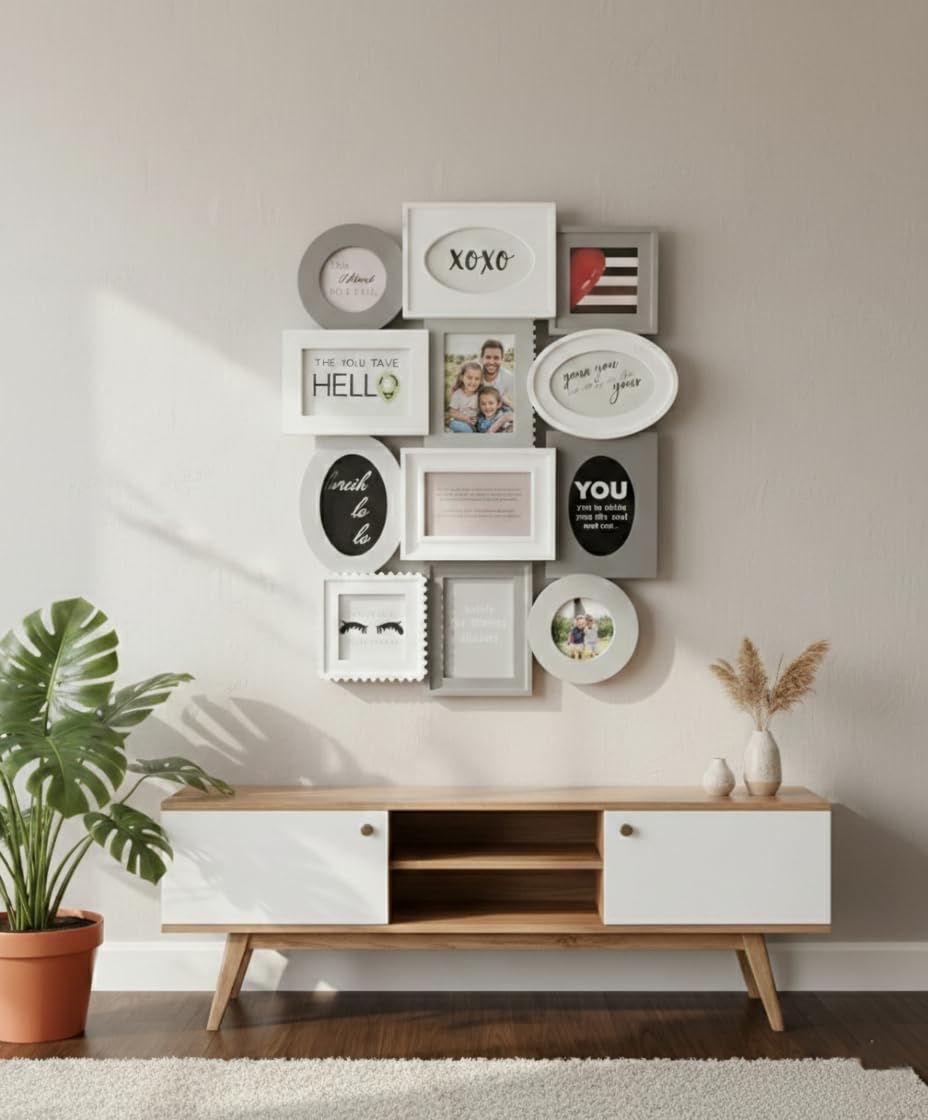 Biznest Multi Shapes Photo Frame 12 Aperture Collage Picture Vintage Look Wall Mounted Plastic 8 x 6x4 & 4 x 4x4 Inch Vertical Hanging Display Capture Memories 67 X 52.5 X 2.5 Cm (WHITE & GREY)