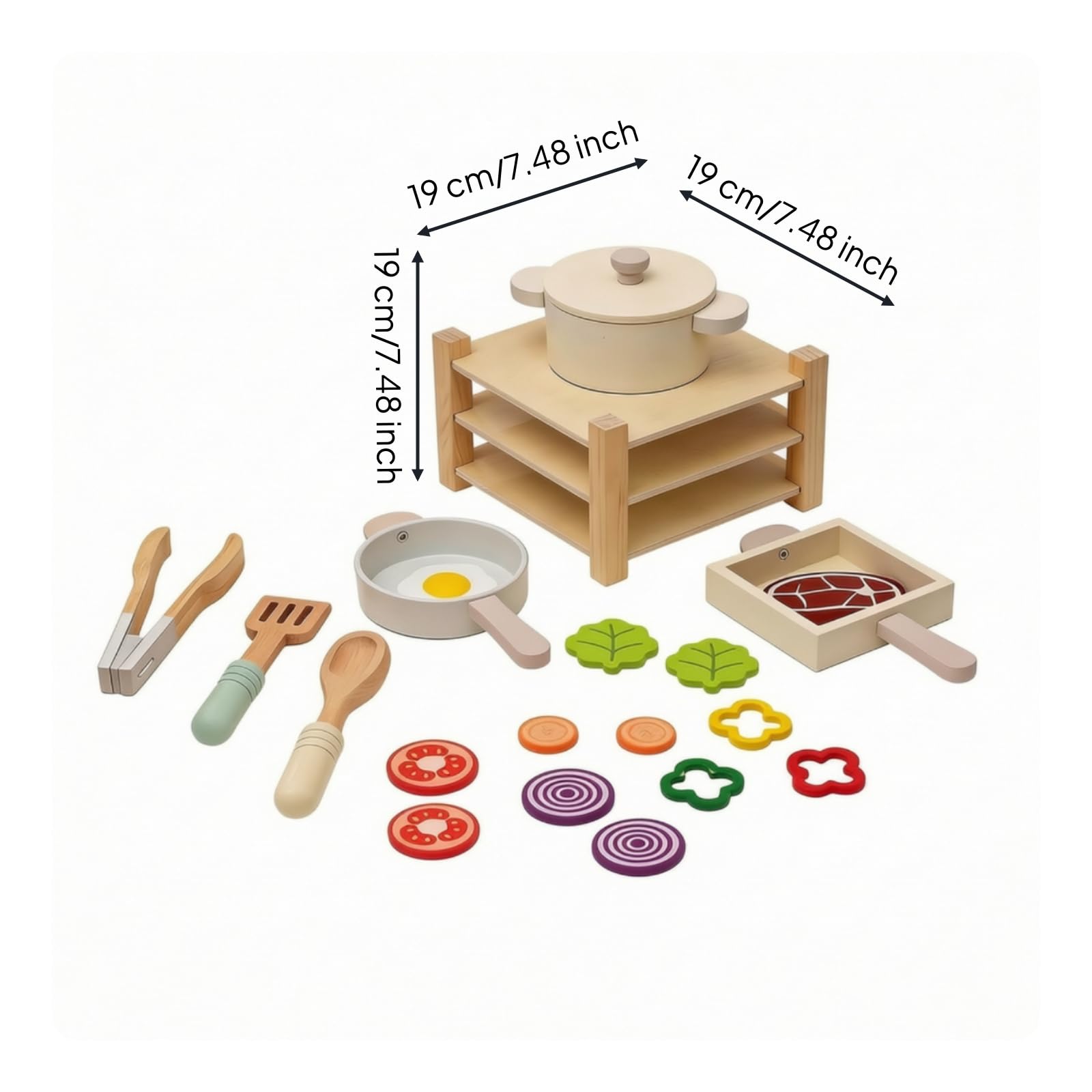Dînette en Bois avec Étagère D'imitation Équipement Culinaire Cuisine en Bois Éducatif Ensemble Cuisine avec Casseroles et Poêles pour Enfants