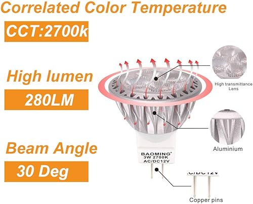 Miniatura 2 de BAOMING Bombilla LED MR11 GU4 de 20 W/35 W, equivalente a 12 V CA/CC 2700 K, blanco cálido, 30°, paquete de 10