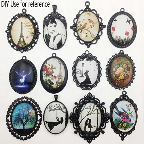 Youdiyla 10Pcs 30X40Mm Black Pendant Trays, Blank Glass Cabochons Dome Base Setting Bezel Frame Cameo Metal Alloy Charms For Jewelry Making Diy Findings (Hm117) #TOP5