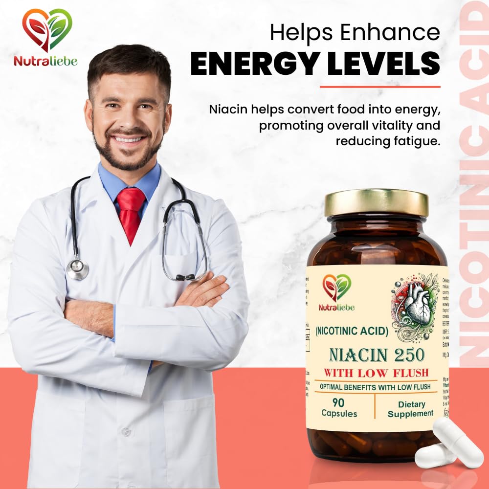 NutraLiebe Niacin Nicotinic Acid - Moderate Dose, Low Flush Formula, 90 Capsules for Cardiovascular and Energy Support 4