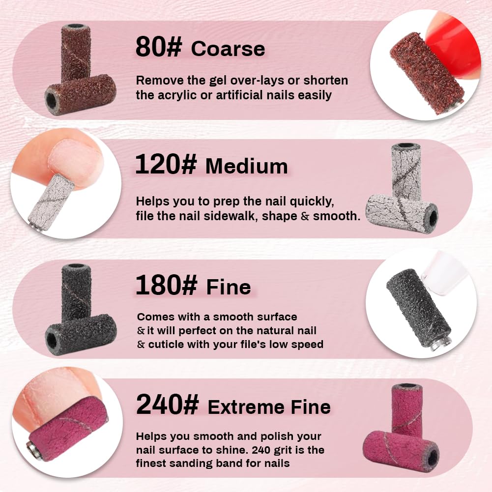 flintronic 100 Piezas Bandas de Lijado de Uñas de Grano 180, Bandas para Lijar Uñas, con 2 Brocas de Mandriles Mejorados de 3/32 Pulgadas, para Gel y Naturales, para Manicura y Pedicura