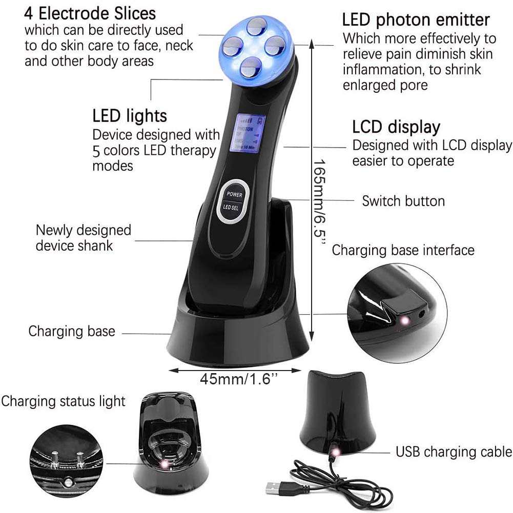 Aparato Facial Ultrasonido, carga de inducción inalámbrica USB Terapia de luz LED Máquina de elevación facial de alta frecuencia antienvejecimiento, 6 modos Masajeador antiarrugas (negro)