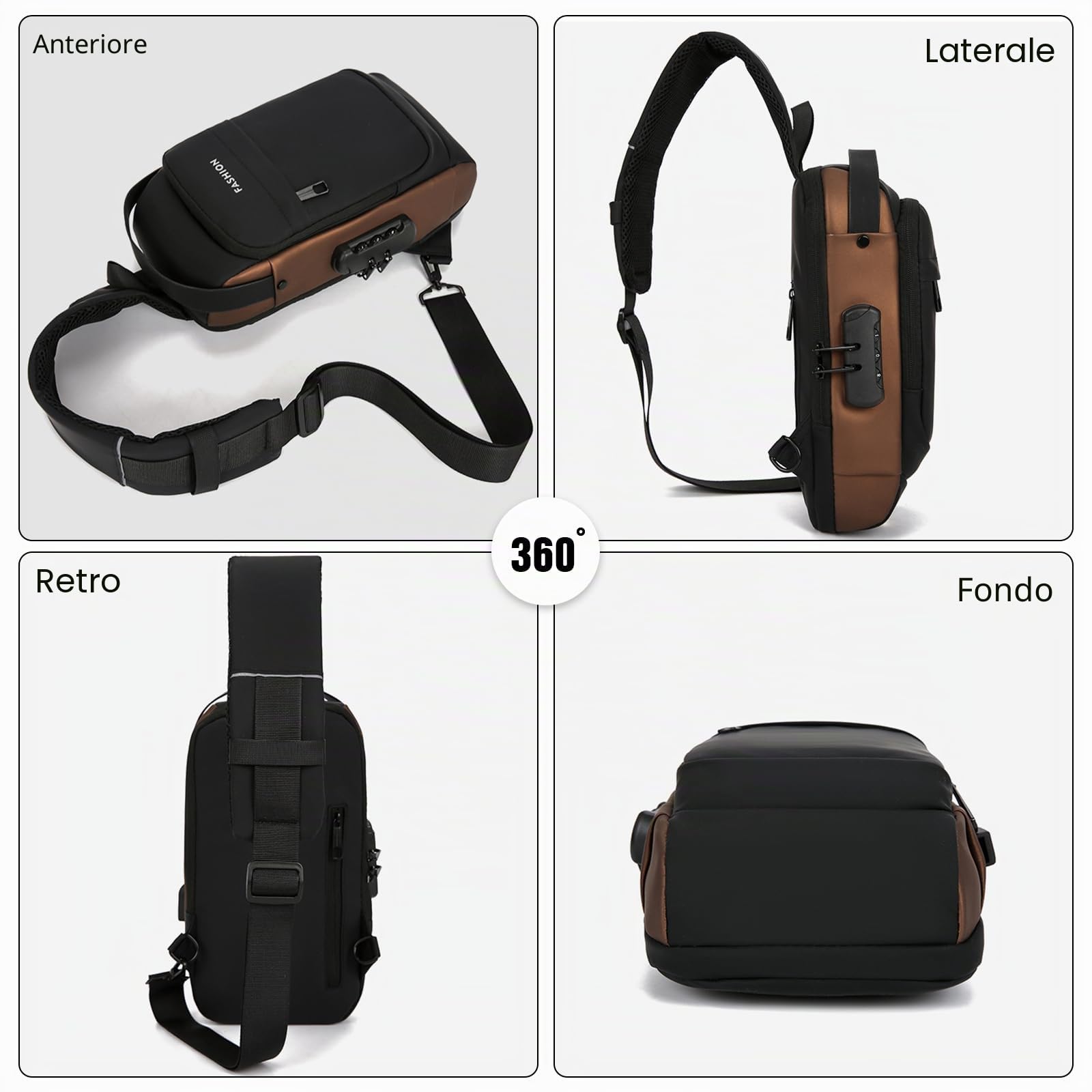 FANDARE Antifurto Zaino a Monospalla Uomo Borsello Tracolla con USB Borse a spalla da palestra Grande Capacità Zaini da escursione Borsa Monospalla per Viaggio Weekend Sling Chest Bag