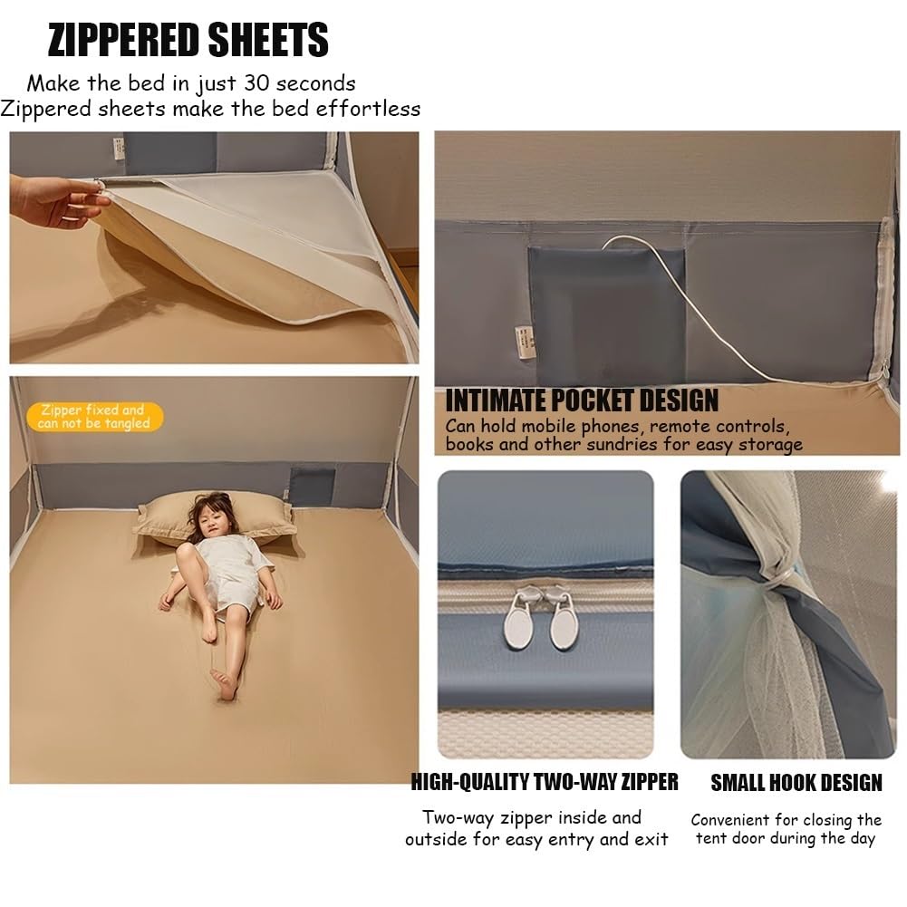 Bettzelt für Erwachsene & Kinder – Doppelbett-Zelt (180x200 cm) mit 3 Eingängen – Atmungsaktives Mückennetz & rutschfester Himmel ohne Montage – Schnelles Aufbauzelt für mehr Privatsphäre & Schutz(Gra