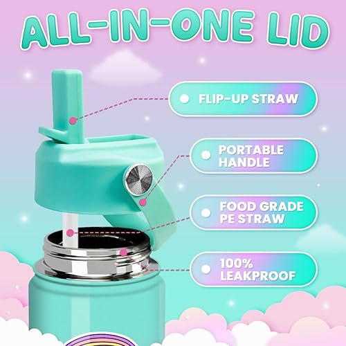 Miniatura 3 de SANDJEST Botella de agua de unicornio  Botella de agua para niños con tapa con popote  Botellas de agua de acero inoxidable aisladas de 12 onzas