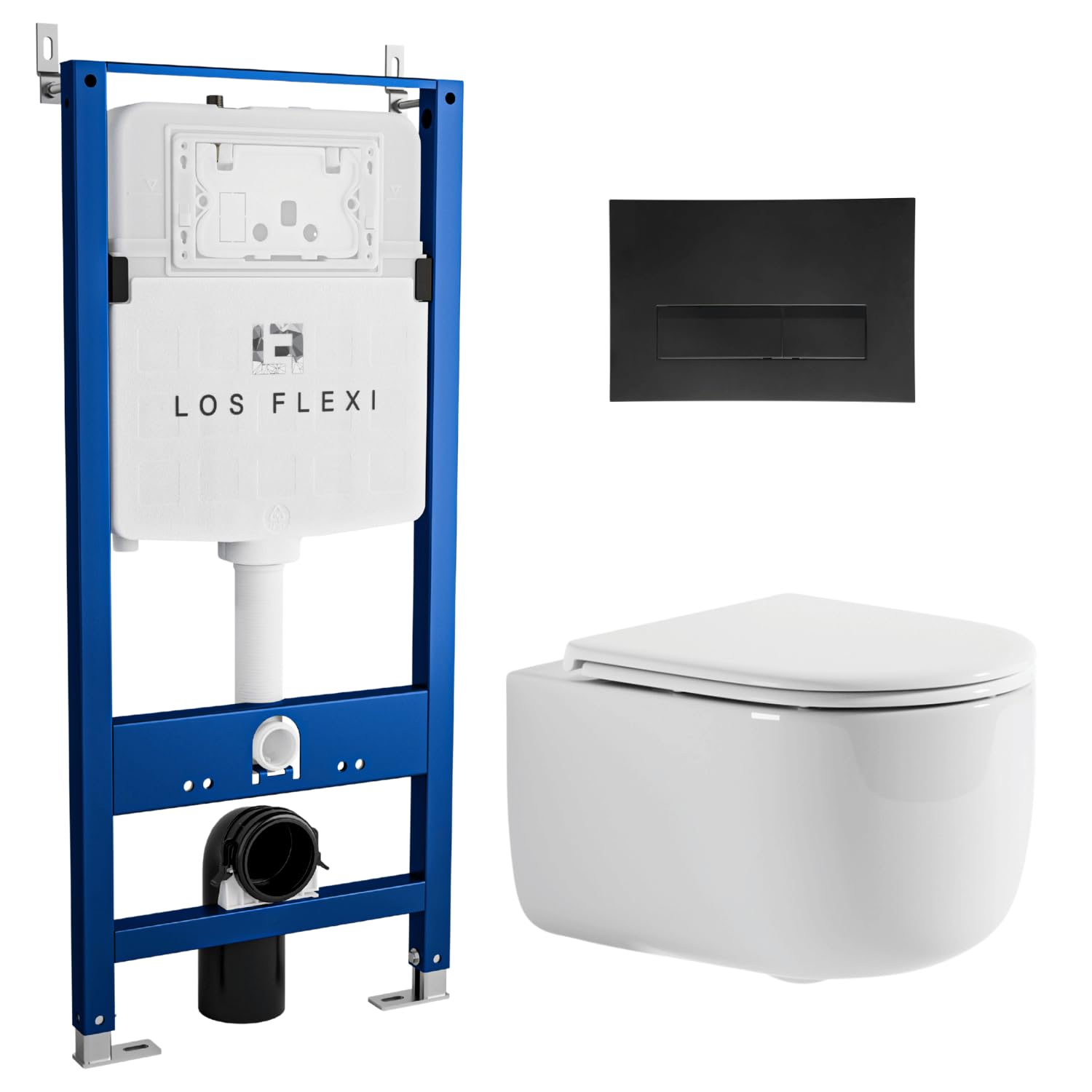 Round Bowl Wall Mount Toilet Combo Set - Los Flexi Compact Wall Hung Toilet With Concealed Tank &amp; Carrier System, 0.8/1.6GPF Dual Flush, Rimless Swirl Flushing, Push Plate Included