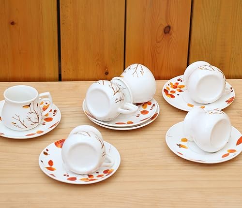 Vista 8 de GuangYang Juego de 6 tazas y platillos de café expreso de 2.5 onzas, diseño de otoño