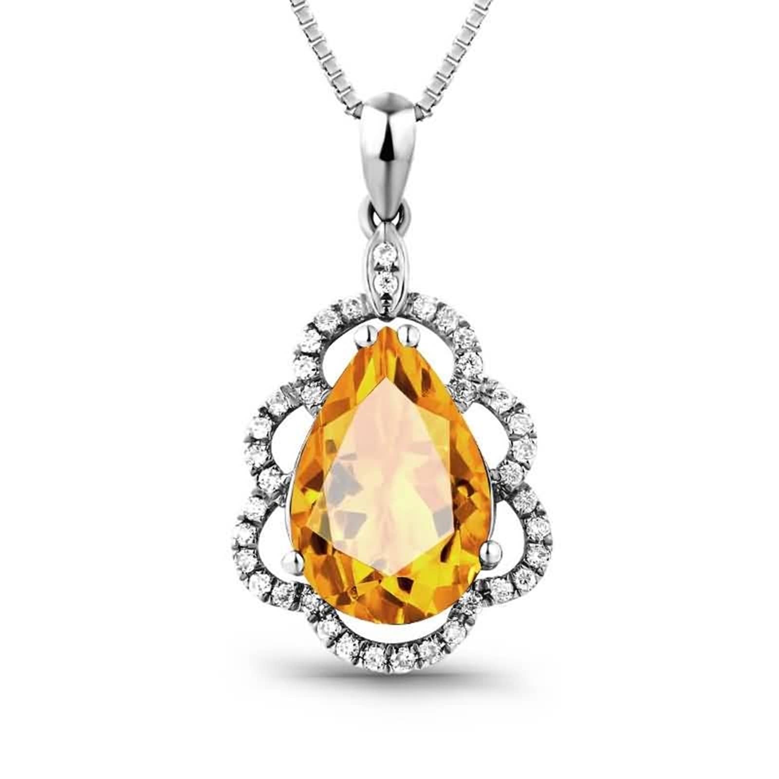 Ciondolo per Collana Oro Bianco Vera, Collana Donna Elegante da Matrimonio con Citrino 3 Carati e Diamante Sintetico, Gioielli con Pietra del Mese di Nascita