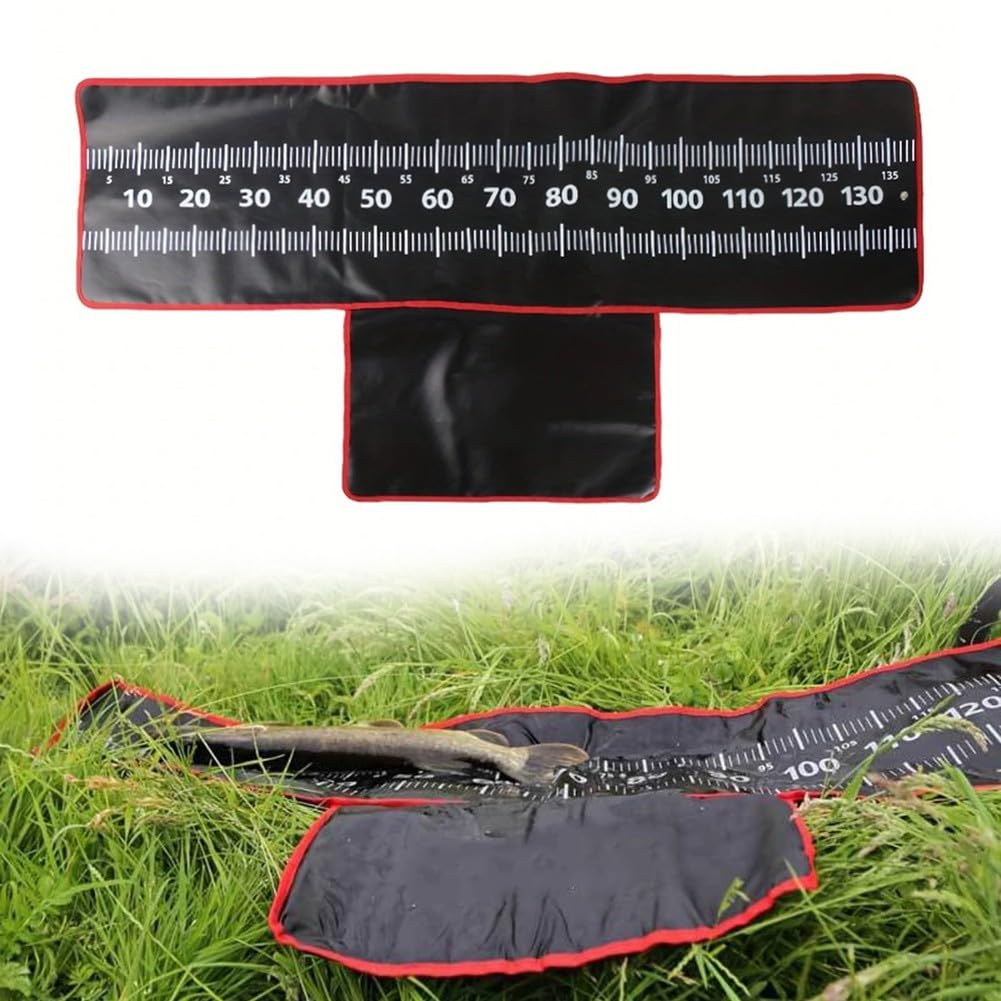 Tappetino per sganciare la pesca, 140 x 35 cm, con metro a nastro integrato, per pesci predatori, ginocchiere imbottite per carpa, luccio e altre specie d'acqua dolce, nero e rosso