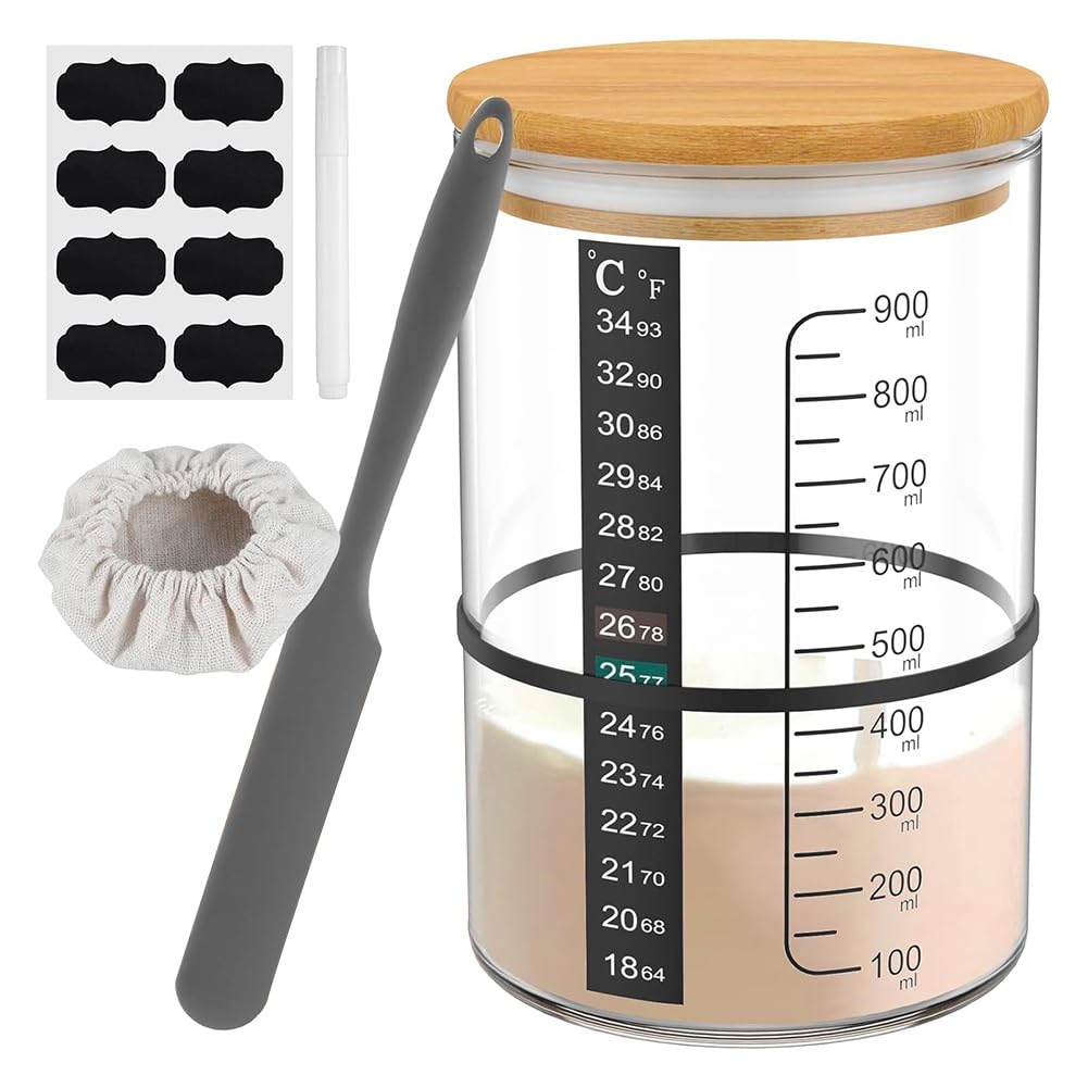 CTRLZS Sourdough Fermentation Jar 900ml, Round Food Storage Container with Wooden Lid, Reusable for Bread Baking