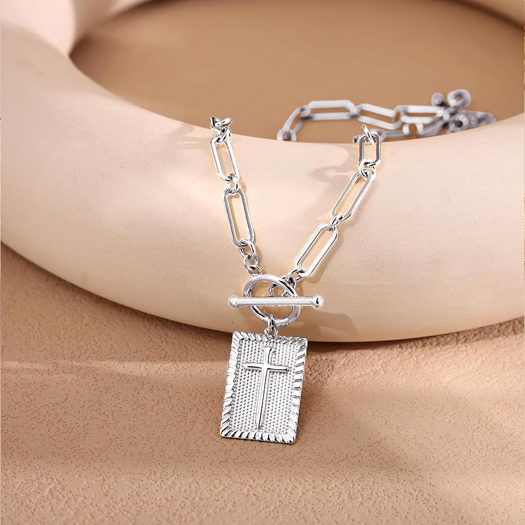 Gold Cross Necklace for Women Trendy Non Tarnish, Dainty 14K Gold Plated Paperclip Toggle Clasp Chain Necklace Rectangle Pendant Christian Religious Necklaces Gold Jewelry for Women Gifts - Image 3