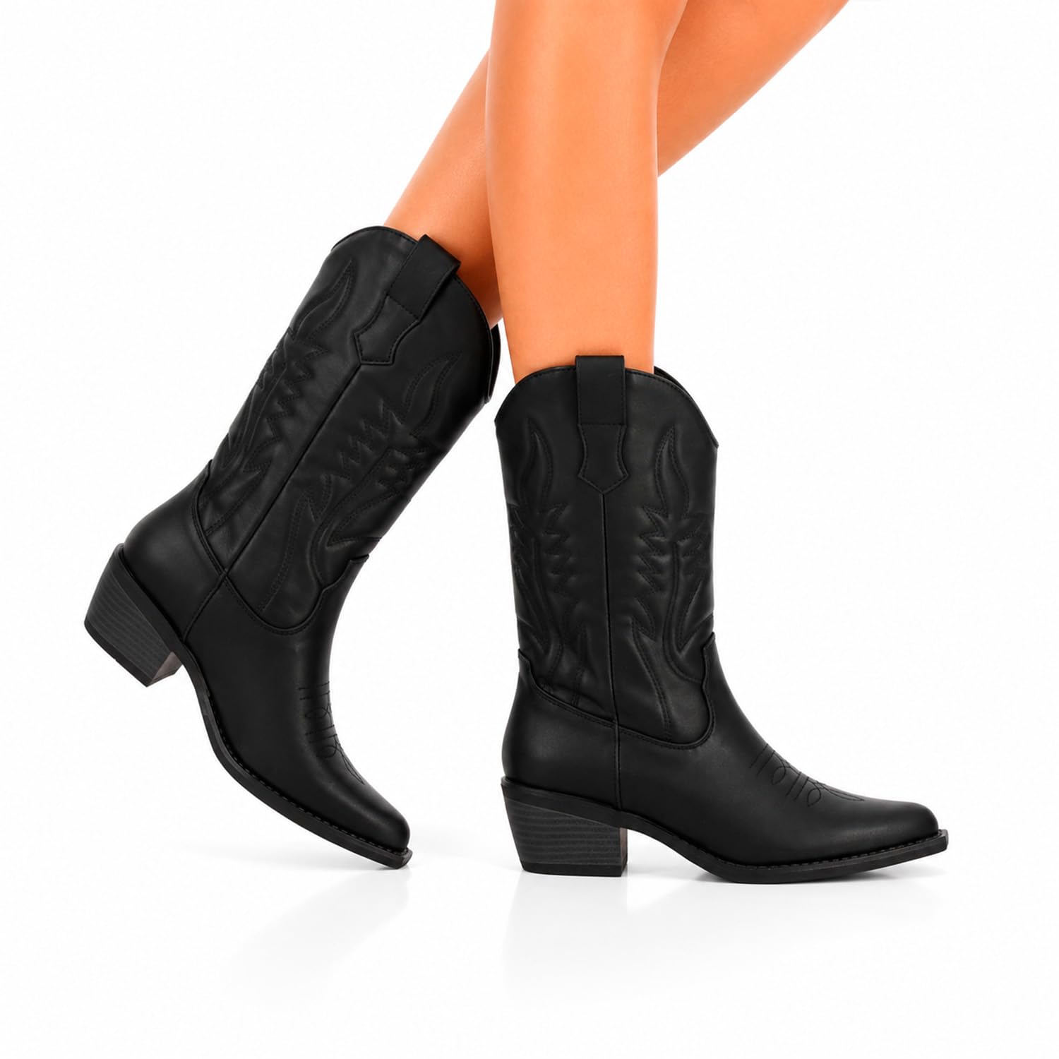 Botas Cowboy de Mujer Estilo Western con Diseno Limpio y Elegante. Cana Alta con Costuras Decorativas y Cierre de Cremallera, Tacon bajo, Ancho y Comodo. Ideal Otono Invierno.