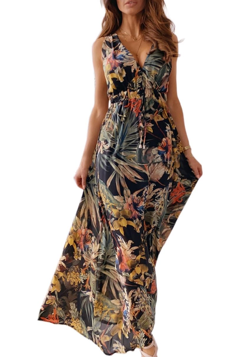 Yutdeng Vestido Largo Verano Mujer Vestido Boho Cuello V sin Mangas Estampado Floral Vestidos Playeros Vestido Tirantes Vestido Casual Elegantes Vestidos de Verano Mujer Fresco