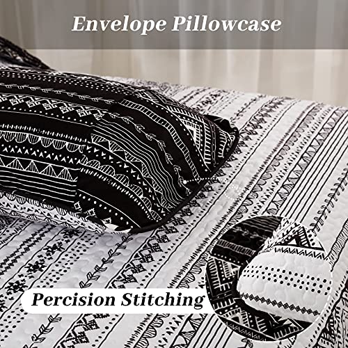 Djy Boho Aztec Quilt Set Queen Size(90"X96"), Black N White Striped Geometric Bedding Bedspreads, Reversible Microfiber Bohemian Quilted Coverlet Sets For All Season, 3 Pieces(1 Quilt+2 Pillowcases) #TOP5