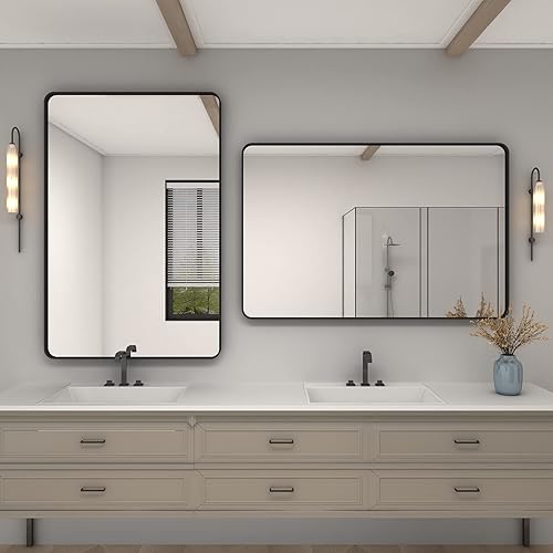 Miniatura 6 de CHARMOR Espejo enmarcado negro de 48 x 32 pulgadas para pared, espejo rectangular de baño negro mate, esquina redondeada, inastillable