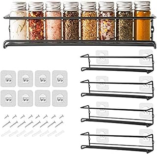 GEEDIAR Spice Racks Organiser - 4 Tier Hanging Stainless Steel Wall Mounted with Adhensive Stickder & Screws - Kitchen & Pantry Shelf for Condiments, Spice Jars (Black)
