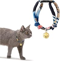 Necoichi Chirimen Cat Collar with Clover Bell - Japanese Kimono Design, Safety Breakaway, Adjustable 5.5-13 Inches (Navy)