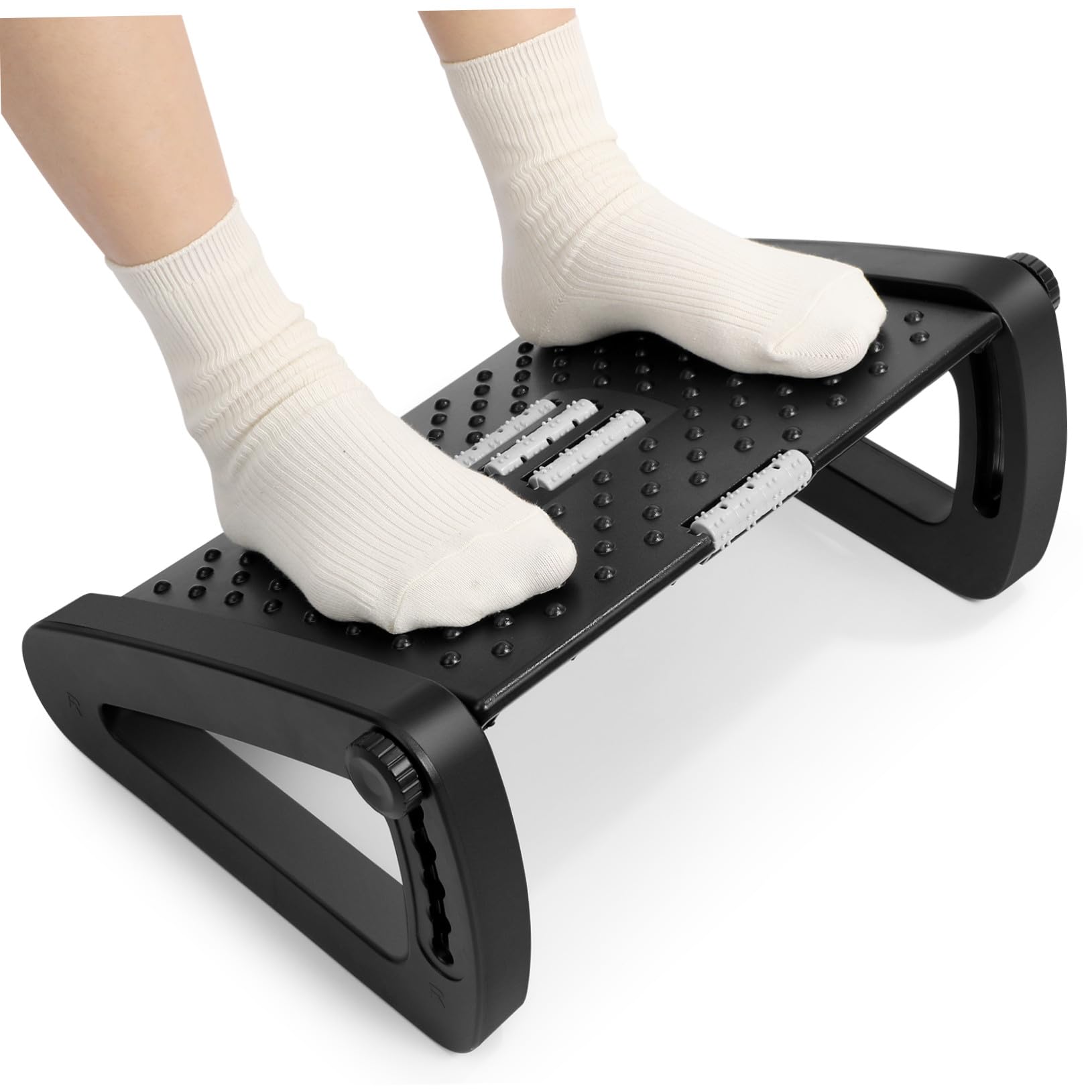 Verstellbare Fußstütze Schwarz aus Abs Pp Eisen für Büro und Zuhause | Massage Rolle, Neigungswinkel, Stabile Ausführung, Schlichtes Design für Homeoffice und Arbeitsbereich