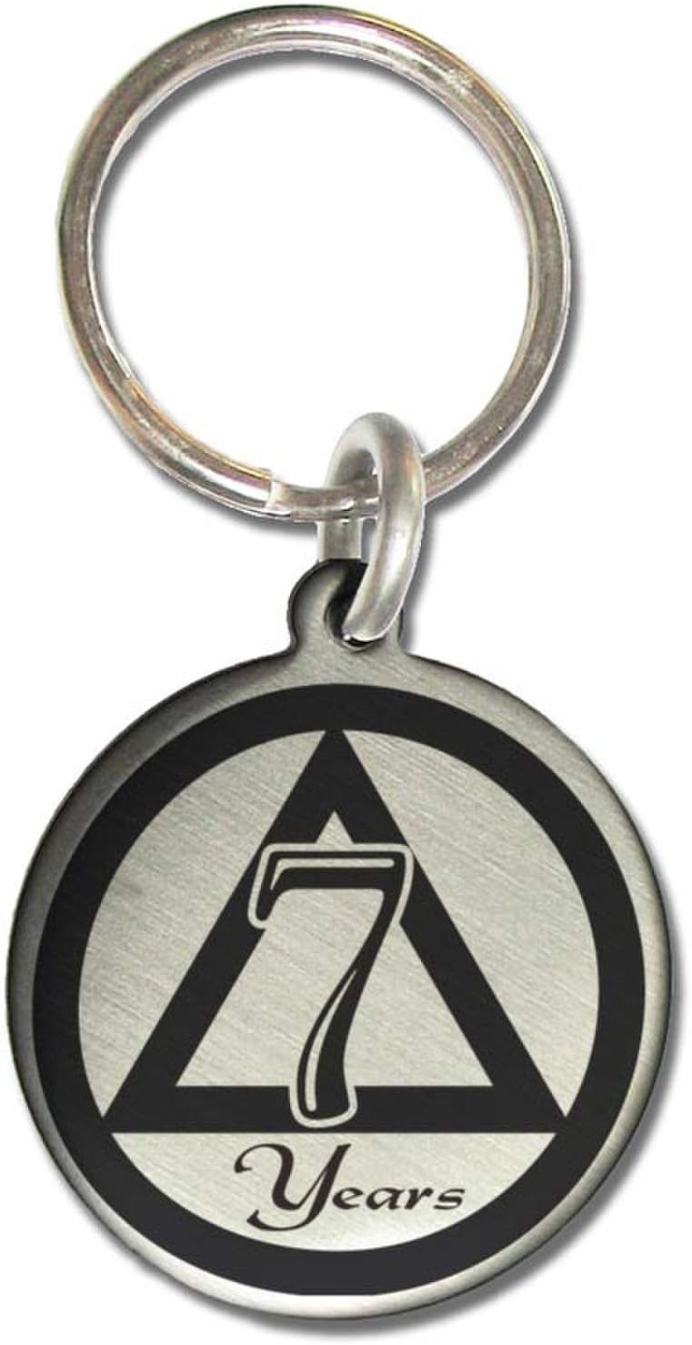 7 Year AA Alcoholics Anonymous Sobriety Anniversary Medallion Keychain for Sober Birthday with Serenity Prayer Silver