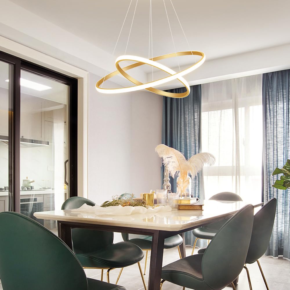 Mengjay Moderner 38W LED Kronleuchter, Kreativer 2 Ring Hängelampe Mit Höhenverstellbare Pendelleuchte, Dimmbar 3000K/4500K/6000K, Wohnzimmer Leuchter, Schlafzimmer, Esszimmer Pendelleuchte (Gold)