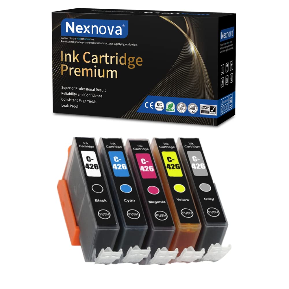NexNova® ink Cartridge CLI-426 Compatible with Canon (5-Pack Black Cyan Magenta Yellow Gray) for PIXMA iP4840 iP4940 iX6540 MG5140 MG5240 MG5340 MG6140 MG6240 MG8140 MG8240 MX714 MX884 MX894