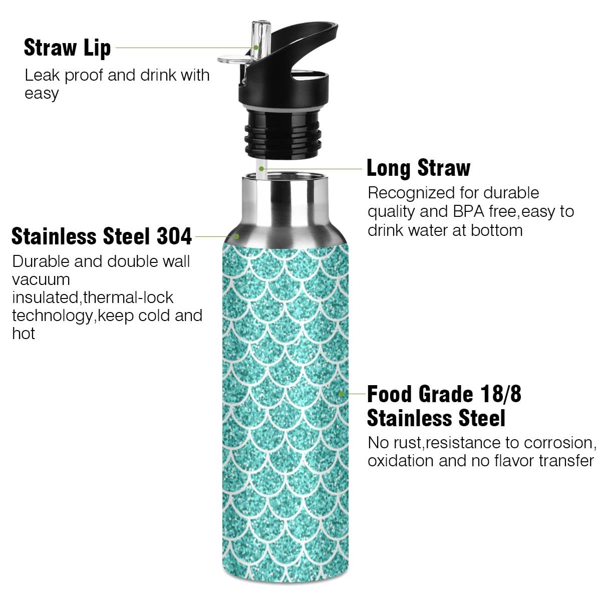 Edelstahl Wasserflasche mit Strohhalm, Glitzer Blaugrün Meerjungfrau Waage Muster Isolierte Trinkflasche Sport Wasserflasche für Kinder Erwachsene, auslaufsicher, 1L