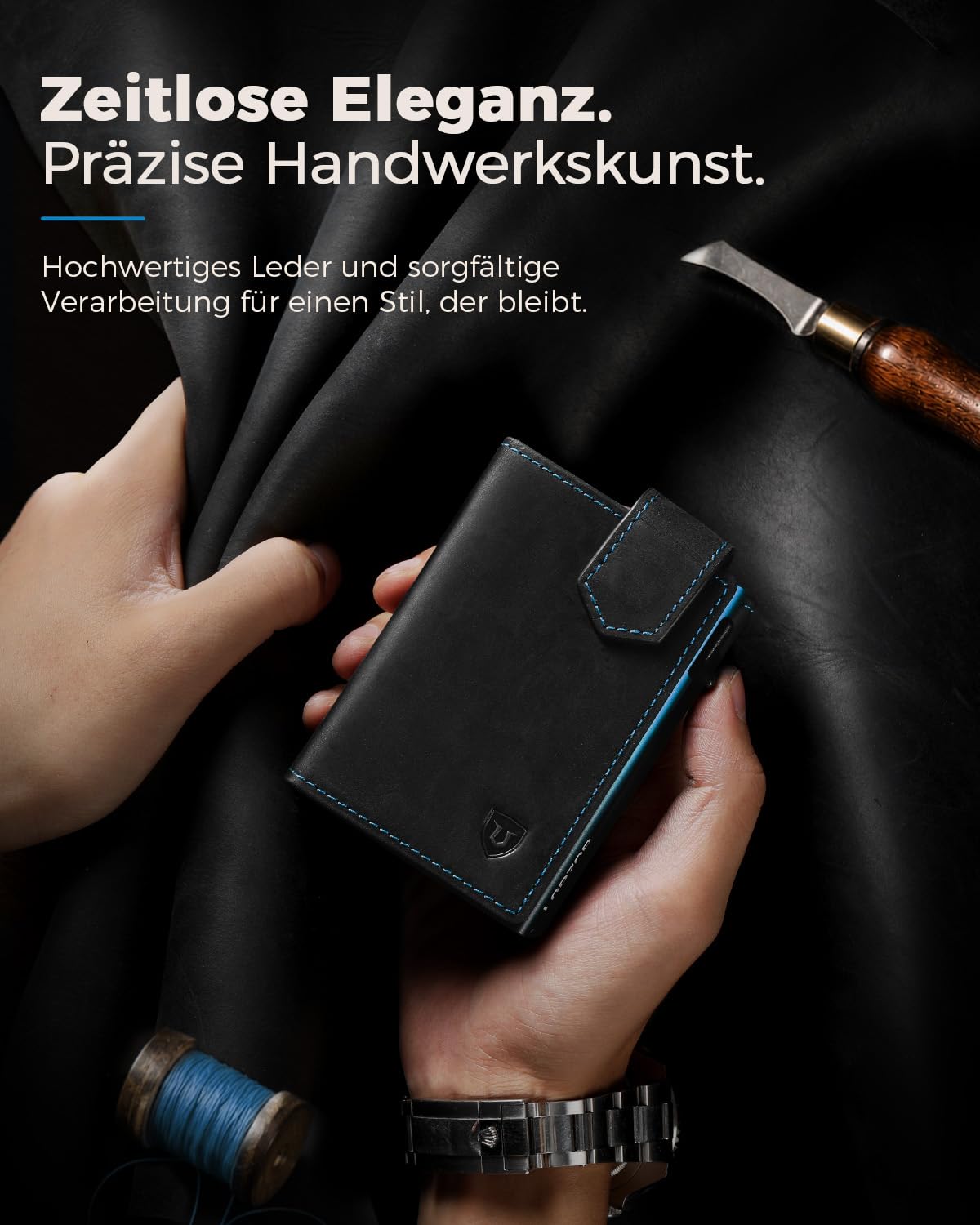 LORZOR Kartenetui mit Magnetischer Verschluss, Slim Wallet mit Münzfach, Geldbörse Herren RFID Schutz, Portmonee Herren Portemonnaie für 10 Karten, Smart Wallet, Geldbeutel (Blau-Schwarz)