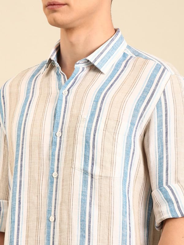 Image of Linen Club Men's Pure Linen Striped Contemporary Fit Full Sleeve Casual Shirt