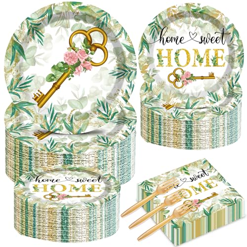 50 Guests House Warming Party Supplies Decoration Housewarming Party Plates and Napkins Forks Sweet Home Party Tableware Rustic Floral Paper Disposable Plates for New House Wedding Party 200PCS