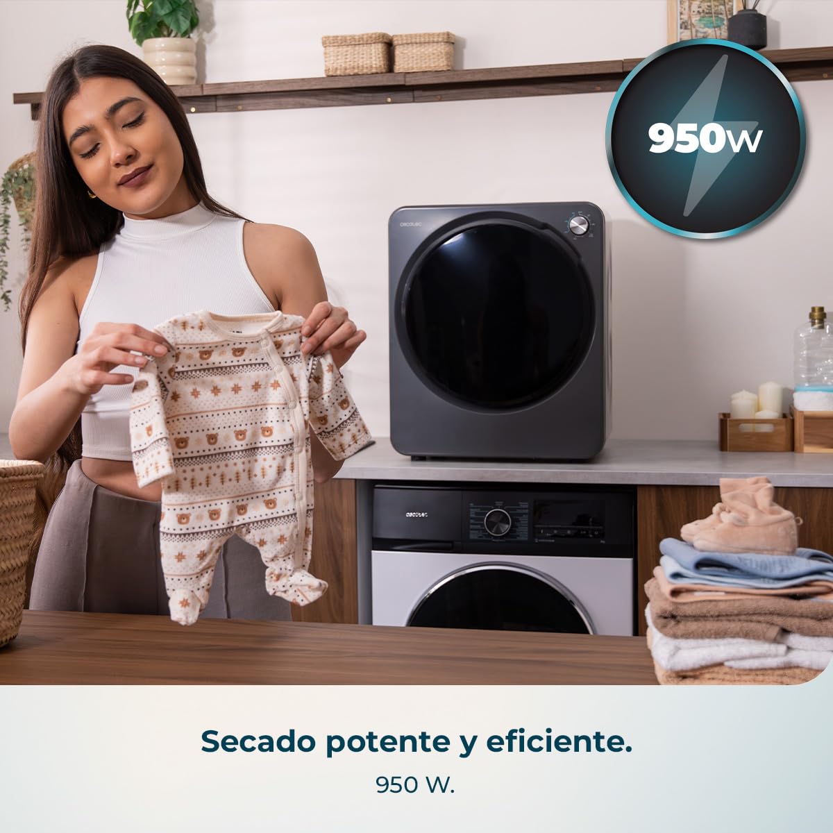 Cecotec Mini Secadora de Evacuación 2,5Kg Bolero DressCode Dry 3150V Dark. 950W, 6 Programas, Programa ECO, Control Knob Intuitivo, Secado Rápido y Eficiente, Ideal Espacios Pequeños, Acero