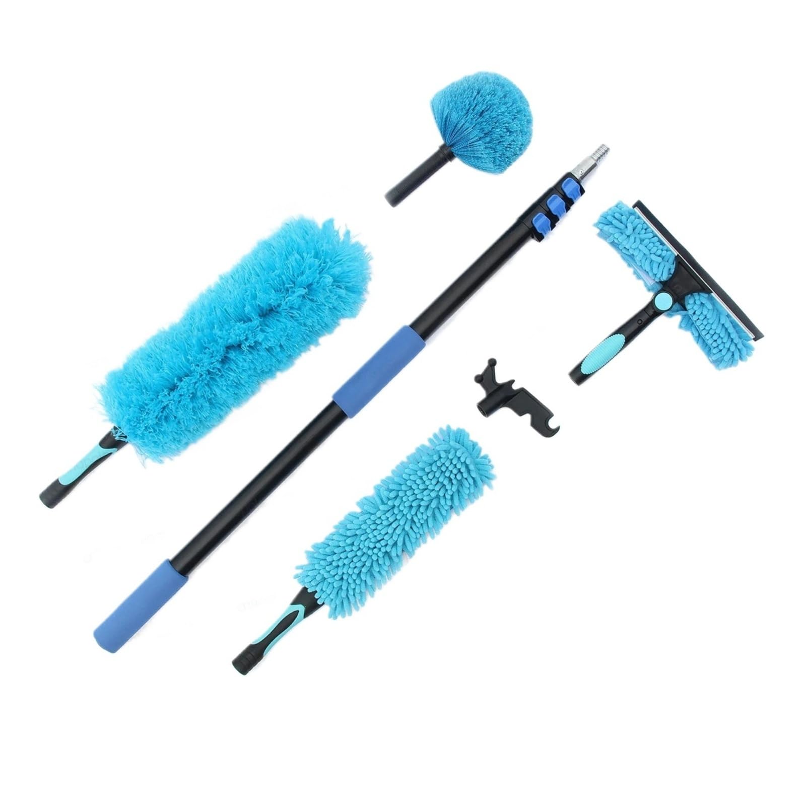 Kit de plumero con barra de extensión de 12 pies, cepillo for telaraña de techo, escurridor de vidrio, limpiador de aspas de ventilador con gancho utilitario