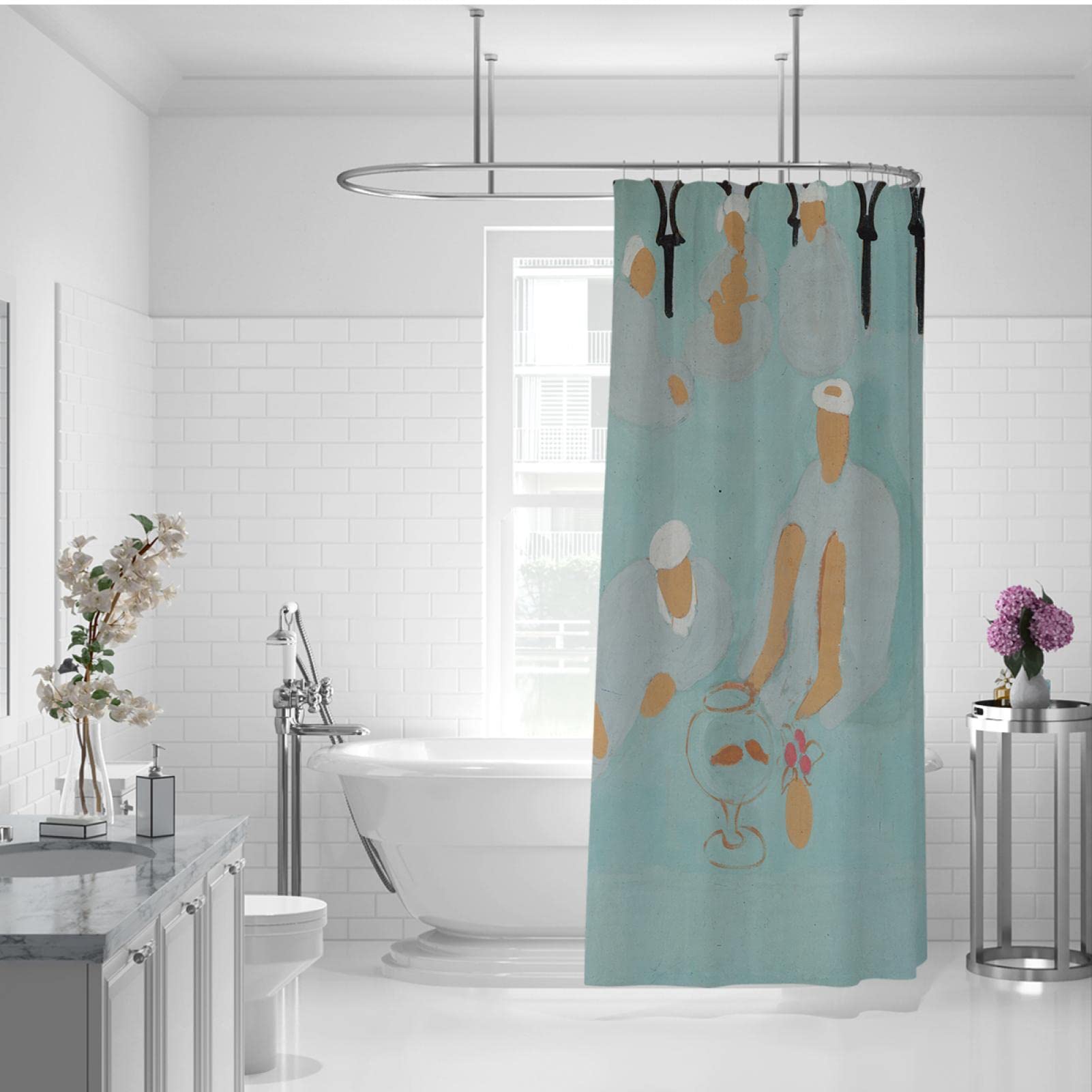 Blauer Duschvorhang Set mit Haken Abstraktes Muster Duschraumvorhänge Henri Matisse Einzigartige Kunst Badewanne Vorhänge Jungen Mädchen Baddekor 180x180 cm