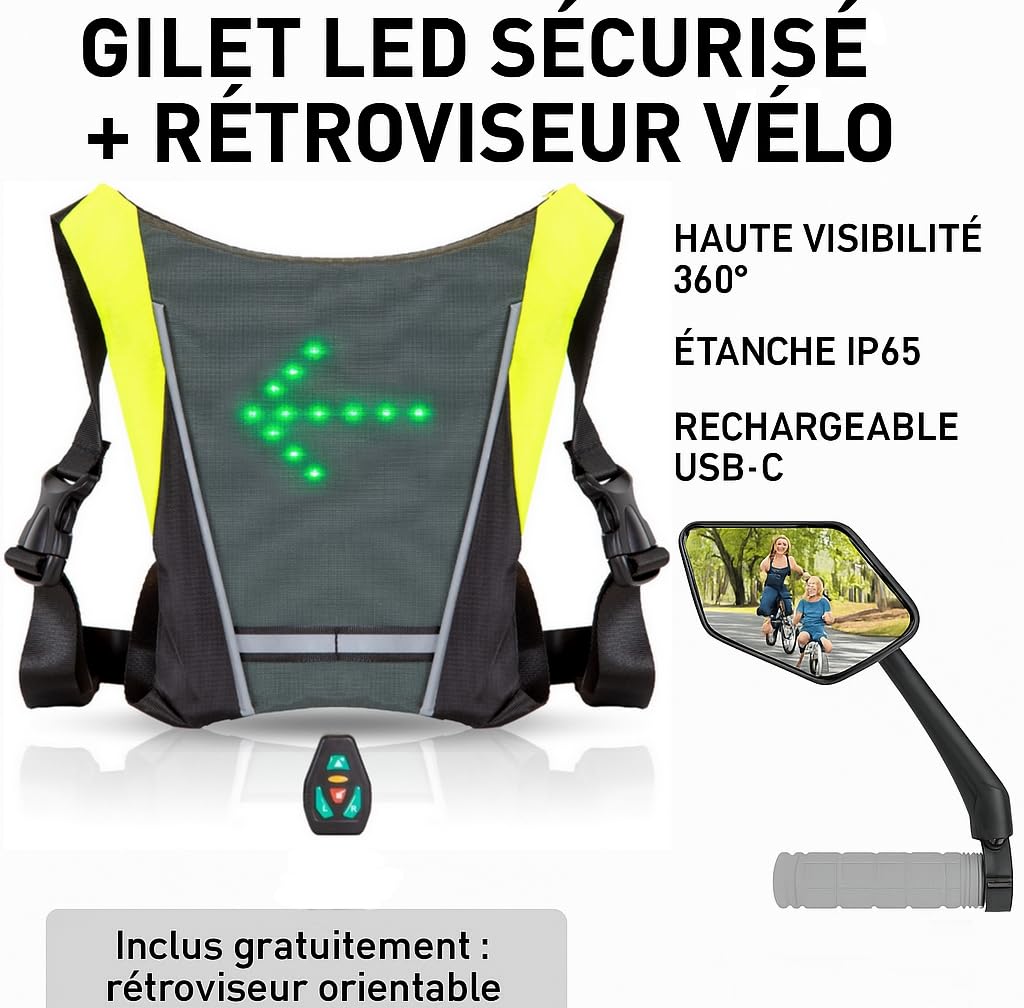 Diavo Gilet LED Sécurité + Rétroviseur Vélo – Pack Haute Visibilité 360° – Étanche & Rechargeable – Cyclisme, Jogging, Trottinette avec LED Clignotant et Télécommande, Installation Facile