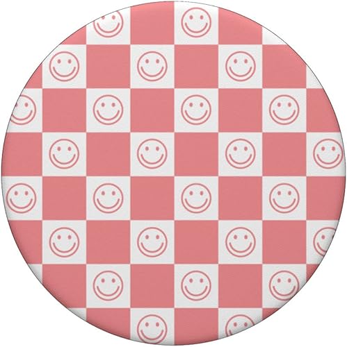 Miniatura 3 de Diseño de patrón de sonrisas de tablero de ajedrez rosa en PopSockets blancos PopGrip intercambiables