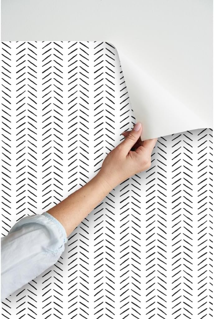 Peel & Stick Wallpaper 3ft x 2ft - Black White Vertical Minimal Chevron Herringbone Ink Custom Removable Wallpaper by Spoonflower
