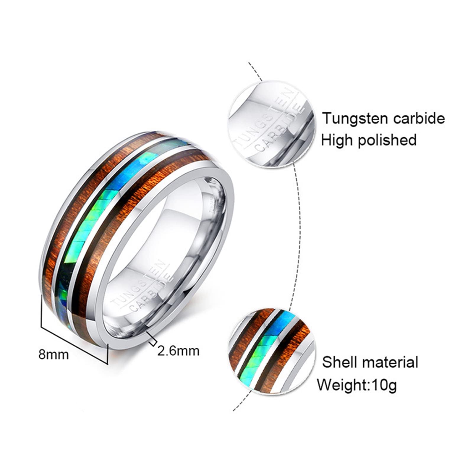Gualiy Anello Tungsteno Uomo, Anello Uomo Hiphop Anello in Legno e Conchiglia Largo 8 mm Anello Taglia 17 a 27