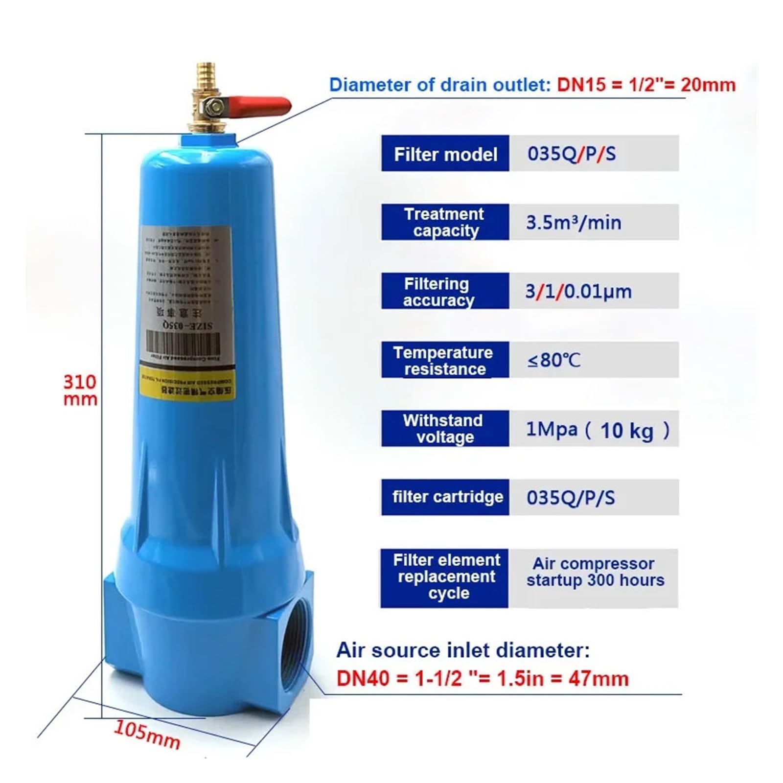 Filtro de precisión de aire comprimido QPS 024 Separador de agua y aceite compresor de aire 015 secador de agua seca(035P)