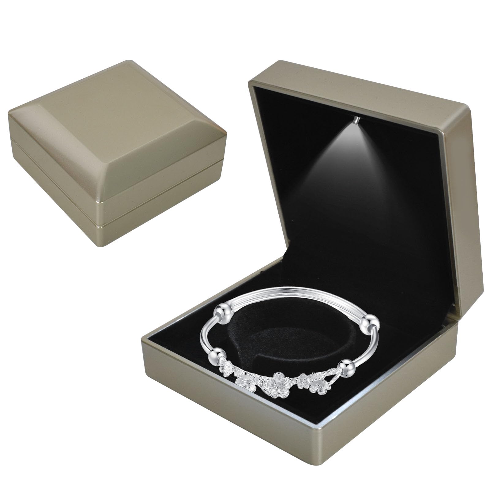 Bracelet Box with LED Light, Velvet Jewelry Pendant Necklace Bangle Light up Storage Display Case, Luxury LED Light Bracelet Gift Box, for Proposal Engagement Wedding Anniversary, 10*10*5cm, Gold