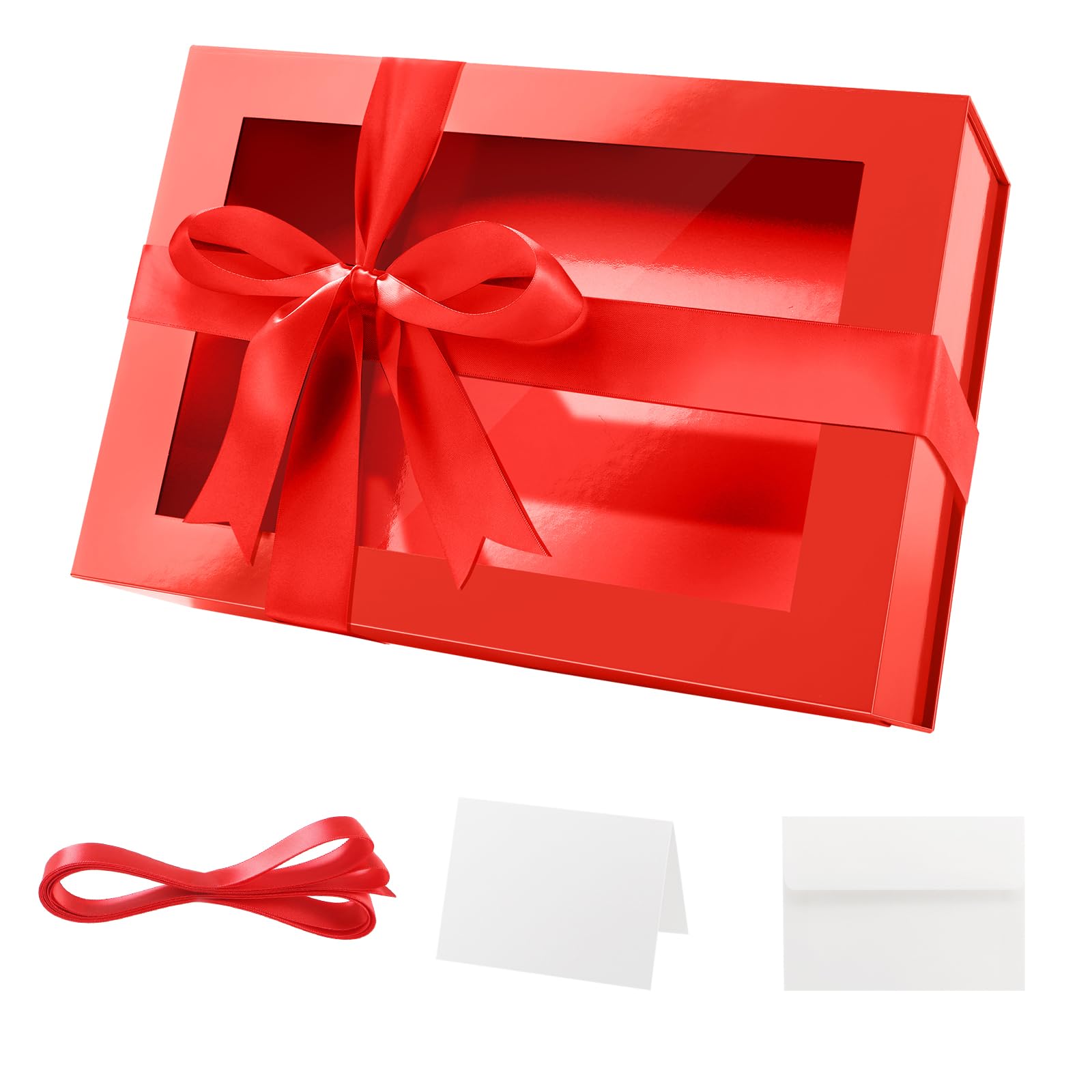 PACKQUEEN Large Red Gift Box with Window, 13.5x9x4.1 Inches Clear Mothers Day Gift Box for Present Contains Ribbon, Card, Bridesmaid Proposal Box with
