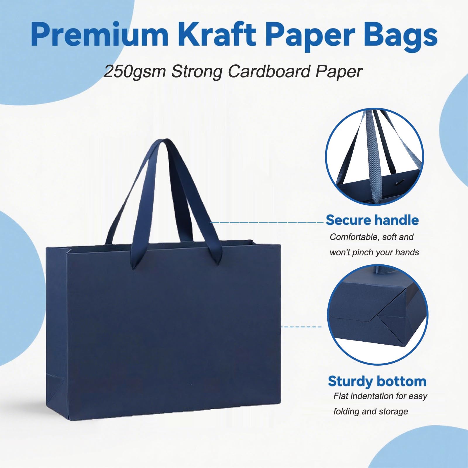 MULIANBOX Navy Blue Gift Bag 6 Pack, 15.9×5.9×12inch Extra Large Gift Wrap Bags with Ribbon Handles, Reusable Heavy Duty Kraft Paper Bags Bulk for Shopping, Wedding, Party, Gift, Retail