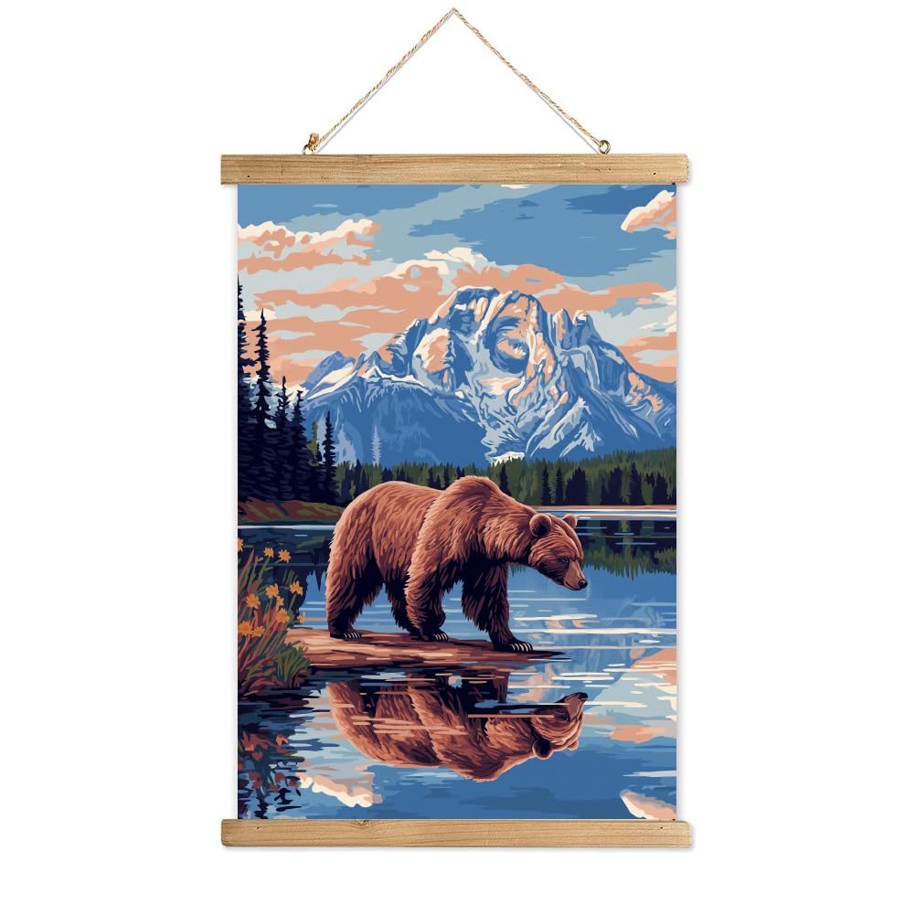 WEBEEDY 40x58cm Bear Scroll Poster Hanger Wild Animals Poster with Wooden Scroll Frame Natural Forests,Mountains,and Lake Poster Wall Hanging Decor Vintage Art Scroll Poster for Bedroom Home Decor