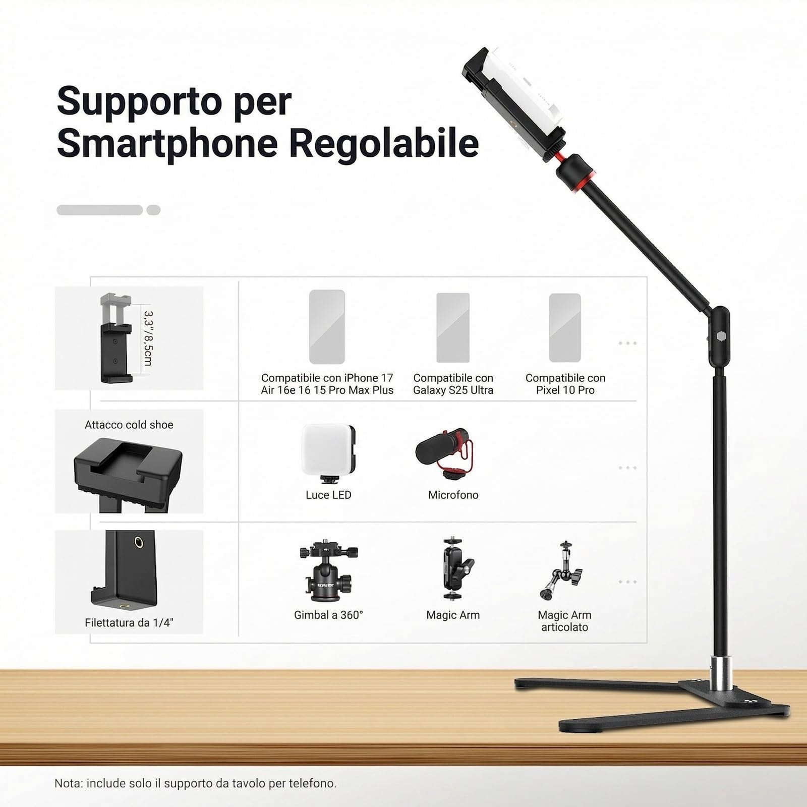 NEEWER Supporto Treppiede Telefono Overhead con Braccio Articolato con Doppia Testa Sferica, Porta Cellulare da Tavolo con Base Pieghevole per Pianoforte Cucina Disegno Schizzi Streaming Live, DS026