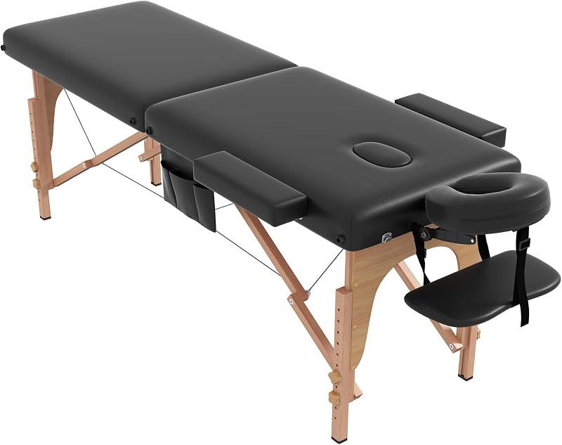 Portable Massage Table, Lightweight Wood Frame with Carry Handle, Black | Includes Oil Pocket, Face Cradle, Height Adjustable & Compact for Tattoo, Facial Care, Spa Treatments & Lash Extension