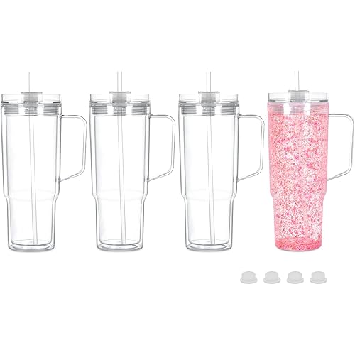 40 Oz Acrylic Snowglobe Tumbler with Handle, 4 Pack Pre-Drilled Double Wall Acrylic Clear Cup Tumbler for Glitter Snow Globe Diy