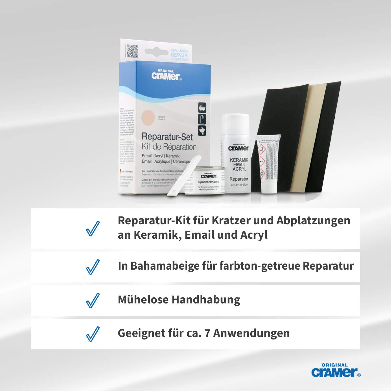 Cramer Reparatur-Set für Keramik, Emaille & Acryl, Bahama-Beige, CRA16250DE, bei Abplatzungen & Kratzern, Set: 2-Komponenten-Spachtelmasse, Härter, Reparaturlack, Spachtel, Schleifmittel, 66105 8