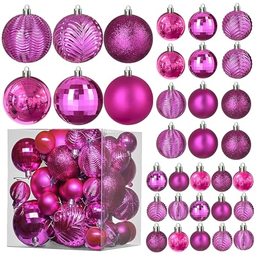 PREXTEX Pink Christmas Tree Ornaments - 36-Piece Shatterproof Pink Christmas Balls Set with Hanging Loops for Christmas Tree Decorations - Durable Holiday Balls in Matte, Shiny, Glitter and Disco