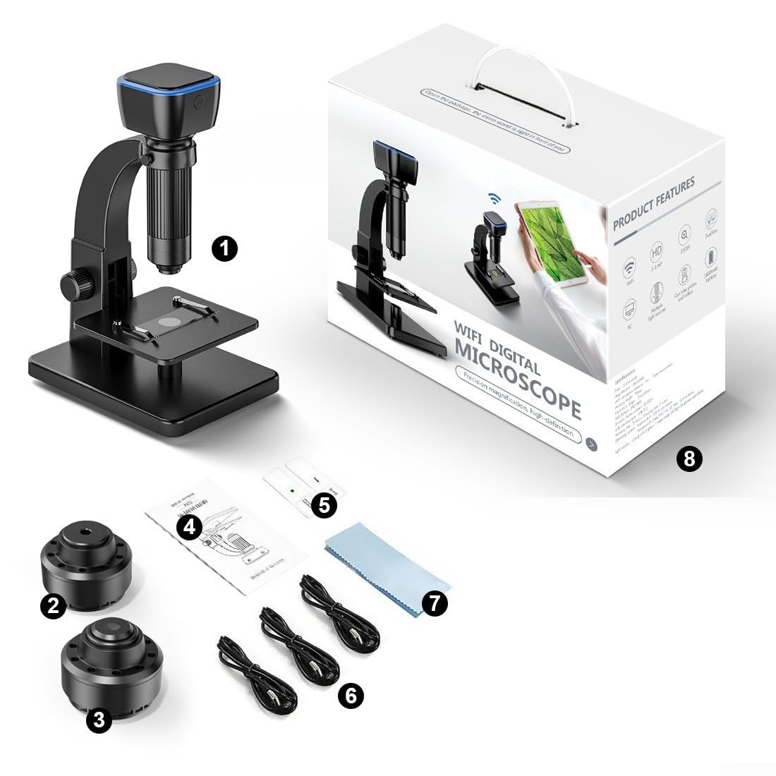 Microscopio digital inalámbrico 2000X, cámara USB de doble lente para reparación de electrónica, coleccionista de monedas, estudiante, ciencia, juguetes STEM
