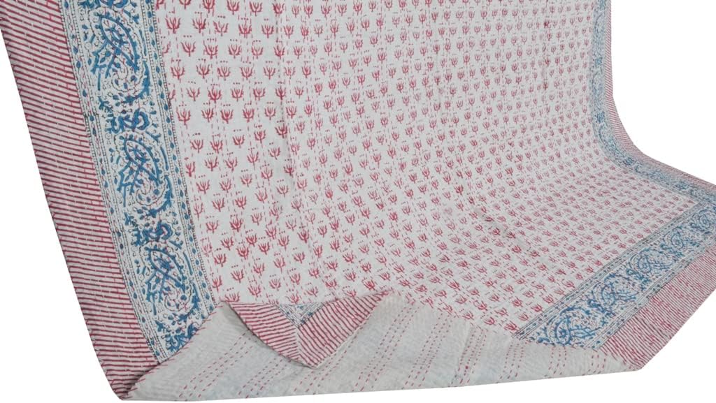 Indian Cotton Block Print Kantha Quilt Twin Size/Queen Size Kantha Quilt Twin Coverlet Quilt Throw Bohemain Bedspread Blanket (Pink, Twin)